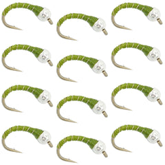 The Fly Fishing Place Olive Zebra Midge with silver bead head, a versatile low-water pattern for trout.