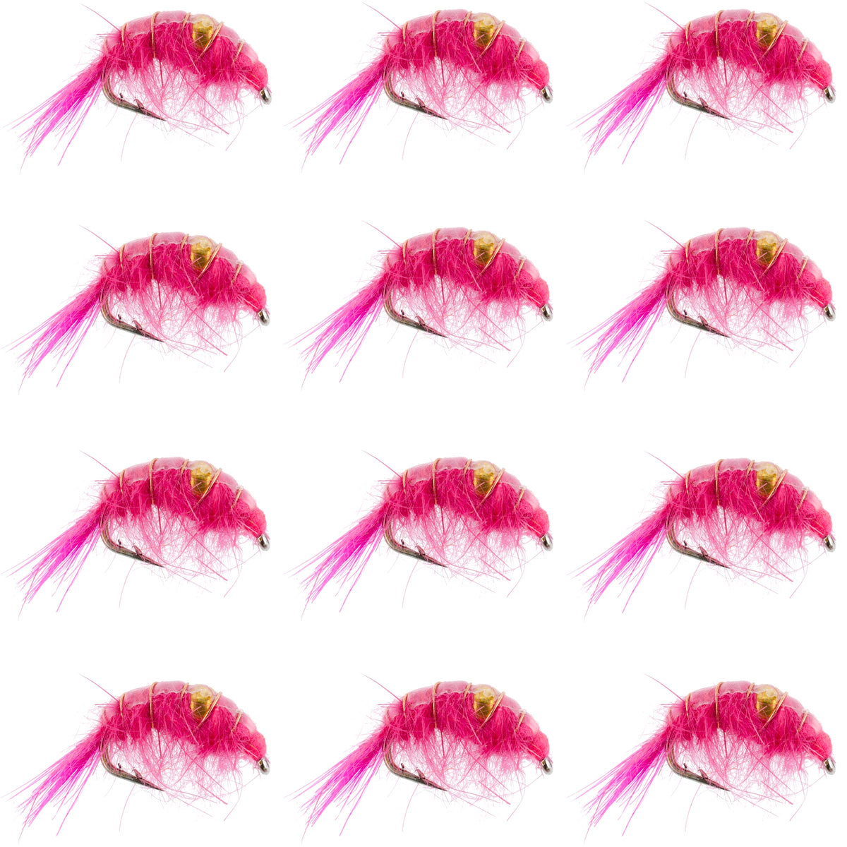 The Fly Fishing Place pink beaded shrimp scud closeup shows weighted head for depth