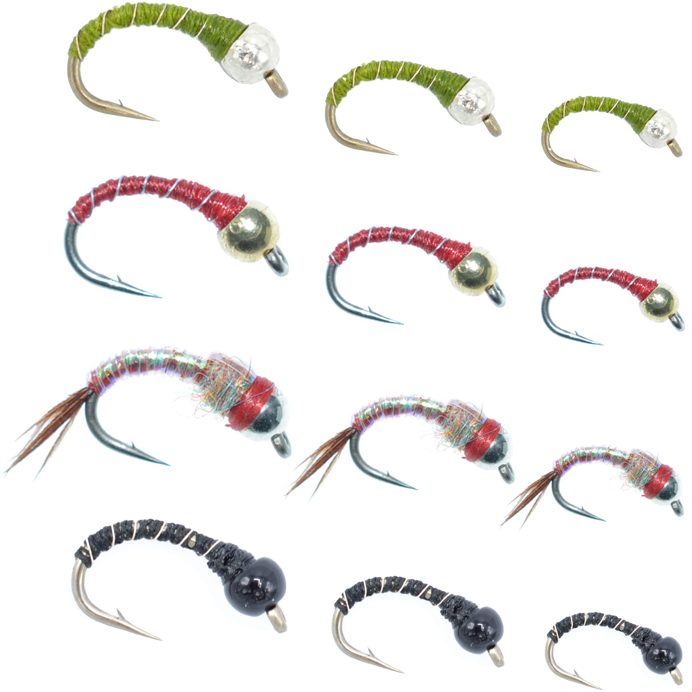 The Fly Fishing Place Rainbow Warrior Zebra Midge beaded head assortment for deep water targeting.