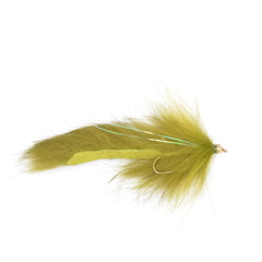 Close-up of Muddy Buddy Olive and Black, Slump Buster Olive and Black, Bouface and Zuddler streamer flies