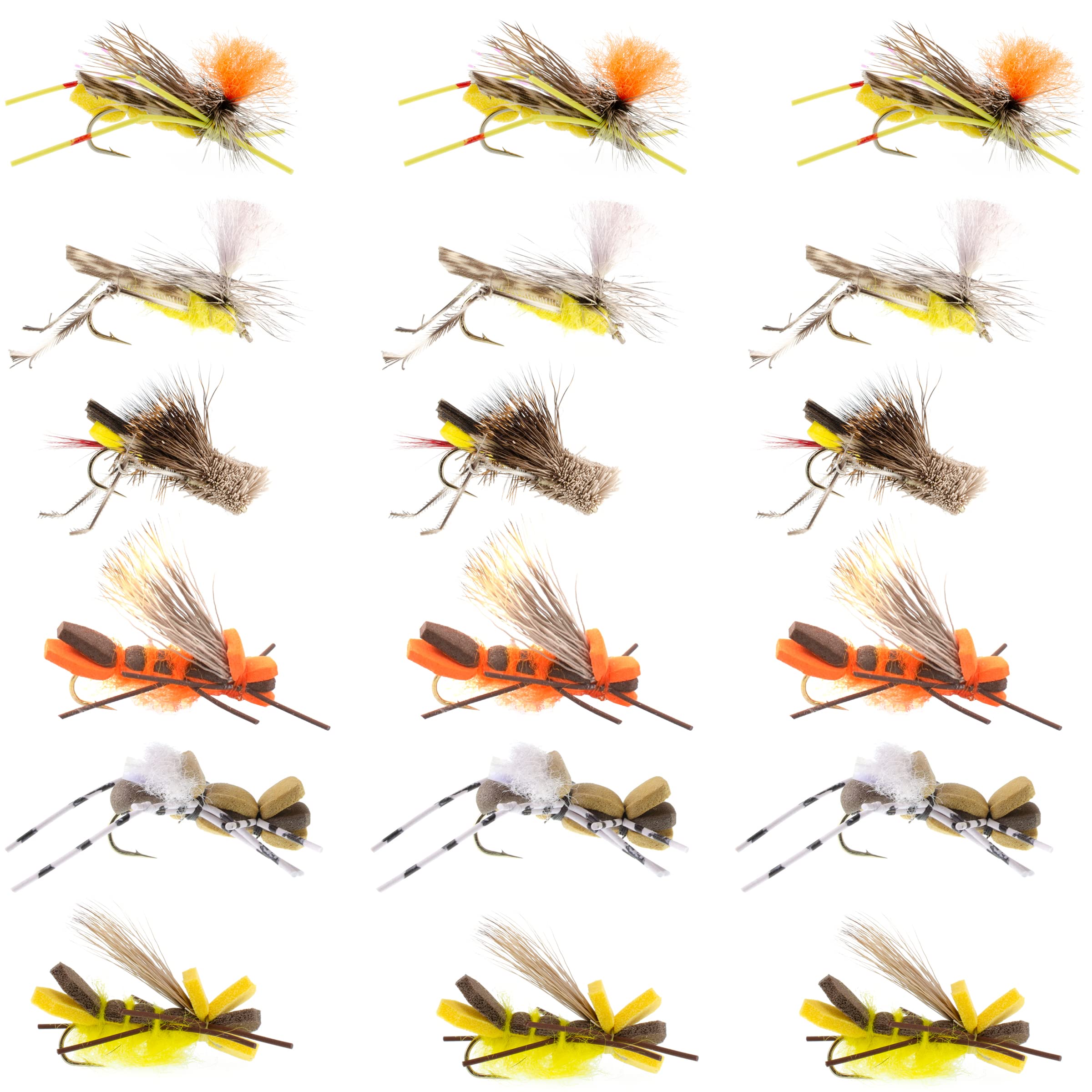 The Fly Fishing Place Terrestrial Fly Assortment foam grasshopper close-up for trout surface action.
