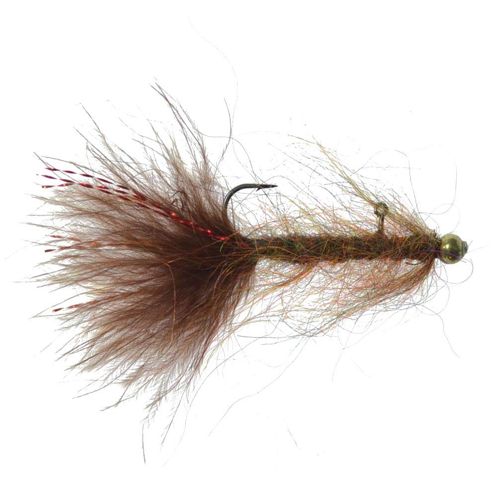 Closeup of balanced leech streamer with tungsten bead for lake and stillwater tactics.