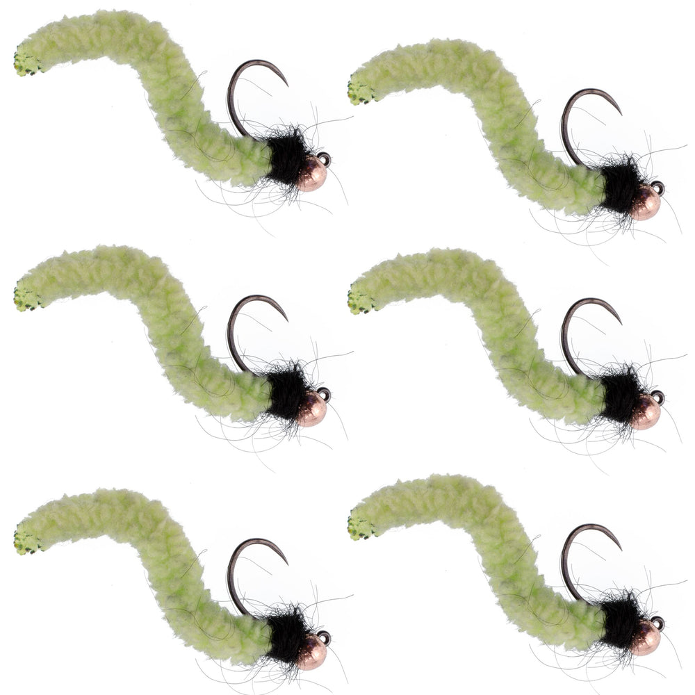 The Fly Fishing Place tungsten bead chartreuse Wormy Mop Fly for deep nymphing in fast water.