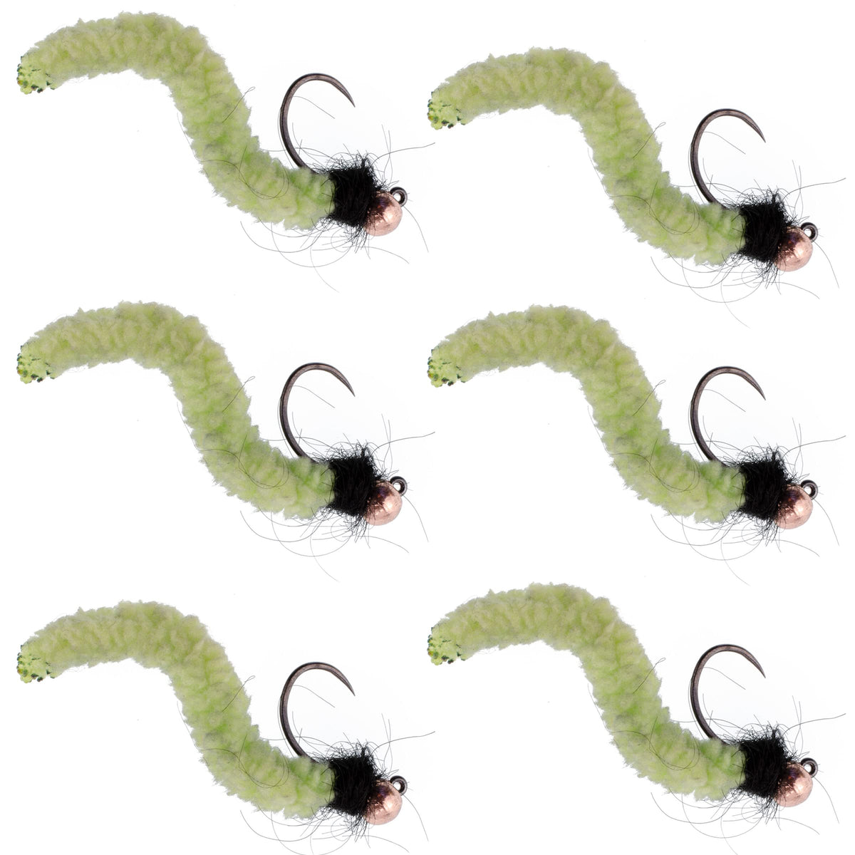 The Fly Fishing Place tungsten bead chartreuse Wormy Mop Fly for deep nymphing in fast water.