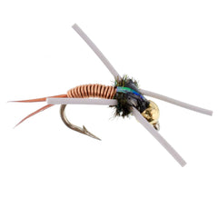Copper John nymph pattern with rubber legs attracting trout on rivers.