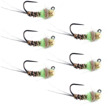 The Fly Fishing Place tungsten bead hot-spot pheasant-tail chartreuse jig sinks quickly in fast water.
