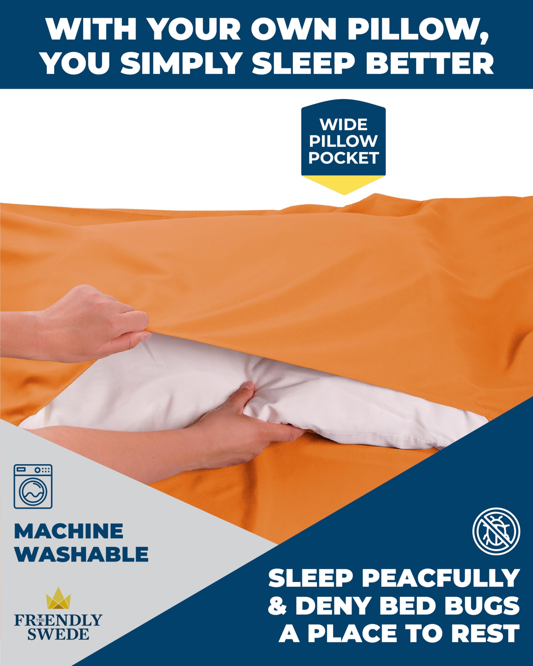 The Friendly Swede stuffed-sack image showcases compact packing for travel or hostel stays.