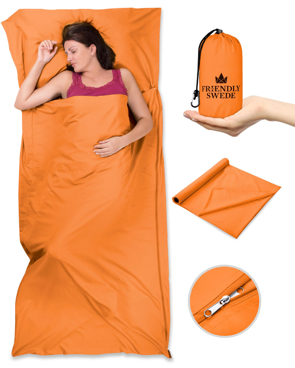 The Friendly Swede sleeping bag liner with zipper-open for full-length access and added warmth.