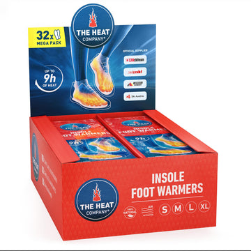 The Heat Company insole foot warmers packaging shows 32 pairs for extended warmth.