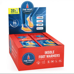 The Heat Company insole foot warmers packaging shows 32 pairs for extended warmth.