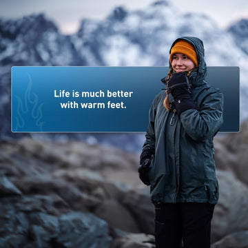 The Heat Company insole foot warmers worn during outdoor activities with reliable warmth.
