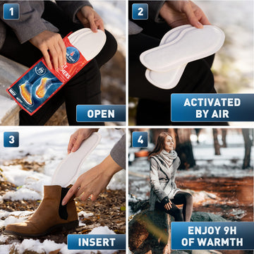 The Heat Company insole foot warmers being placed inside a shoe for use.