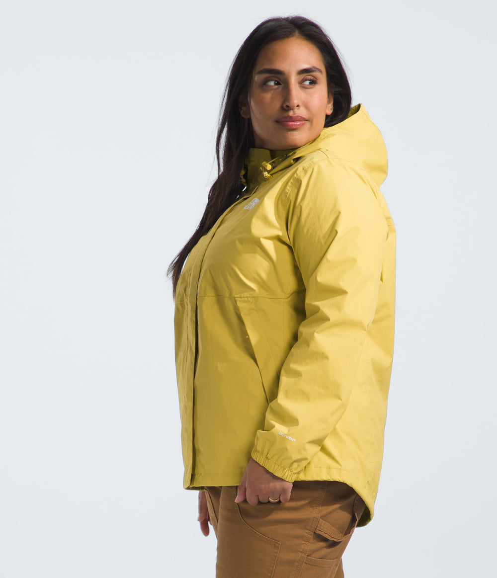 The North Face Antora jacket hood detail in Yellow Silt for weather coverage.