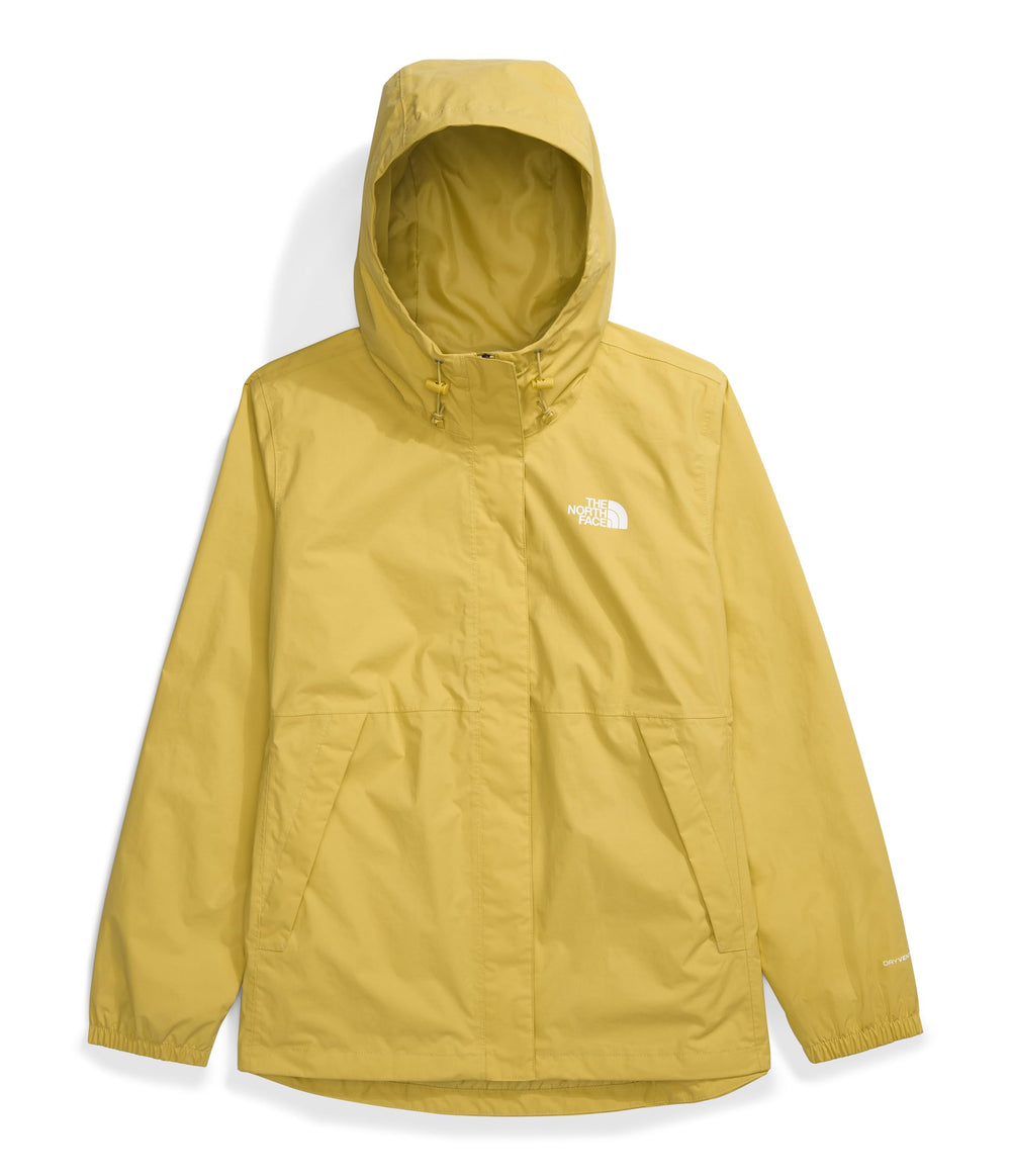 The North Face Antora jacket packable feature in Yellow Silt for travel.