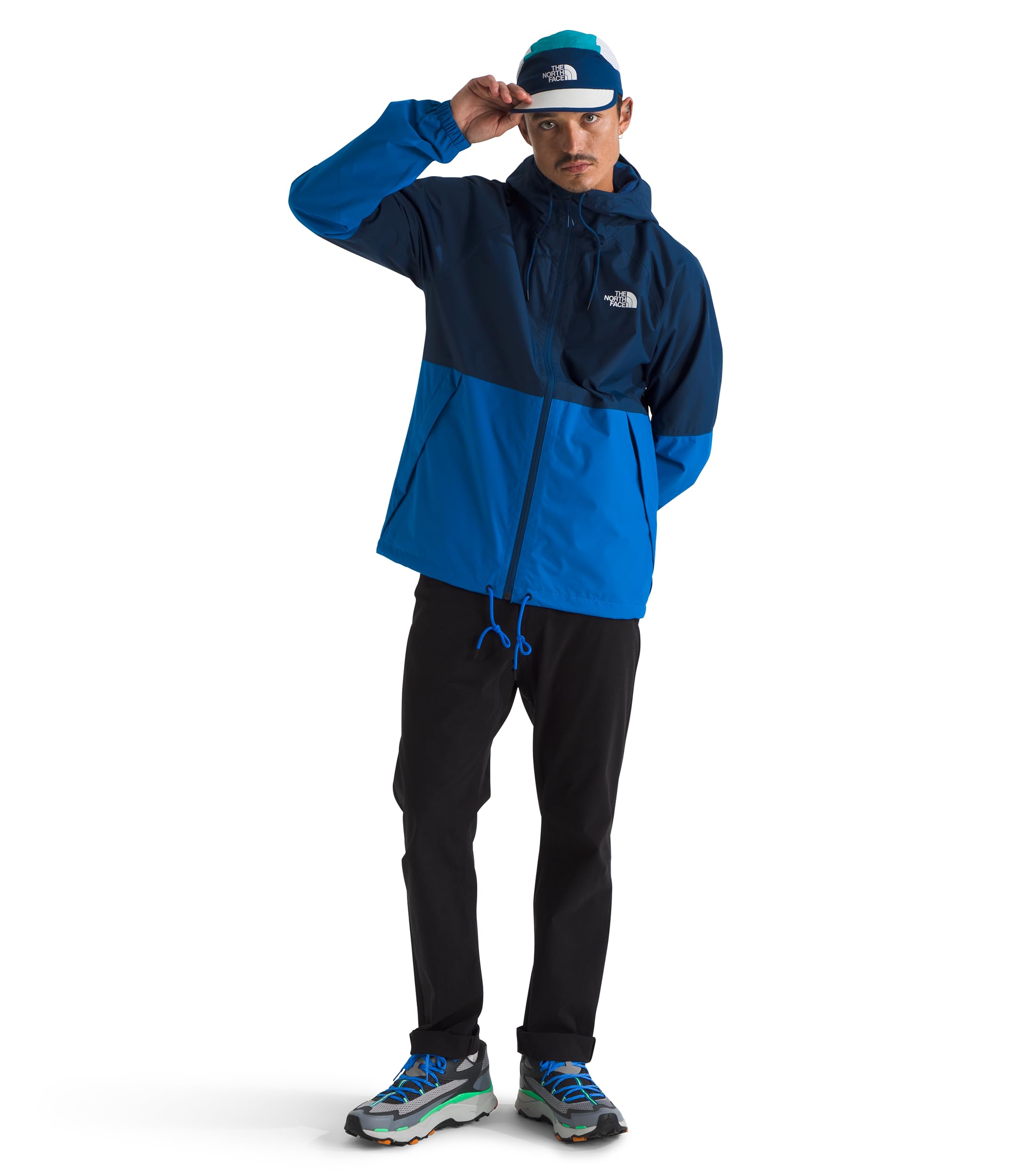 The North Face Antora Rain Hoodie Estate Blue hooded detail emphasizes adjustable protection