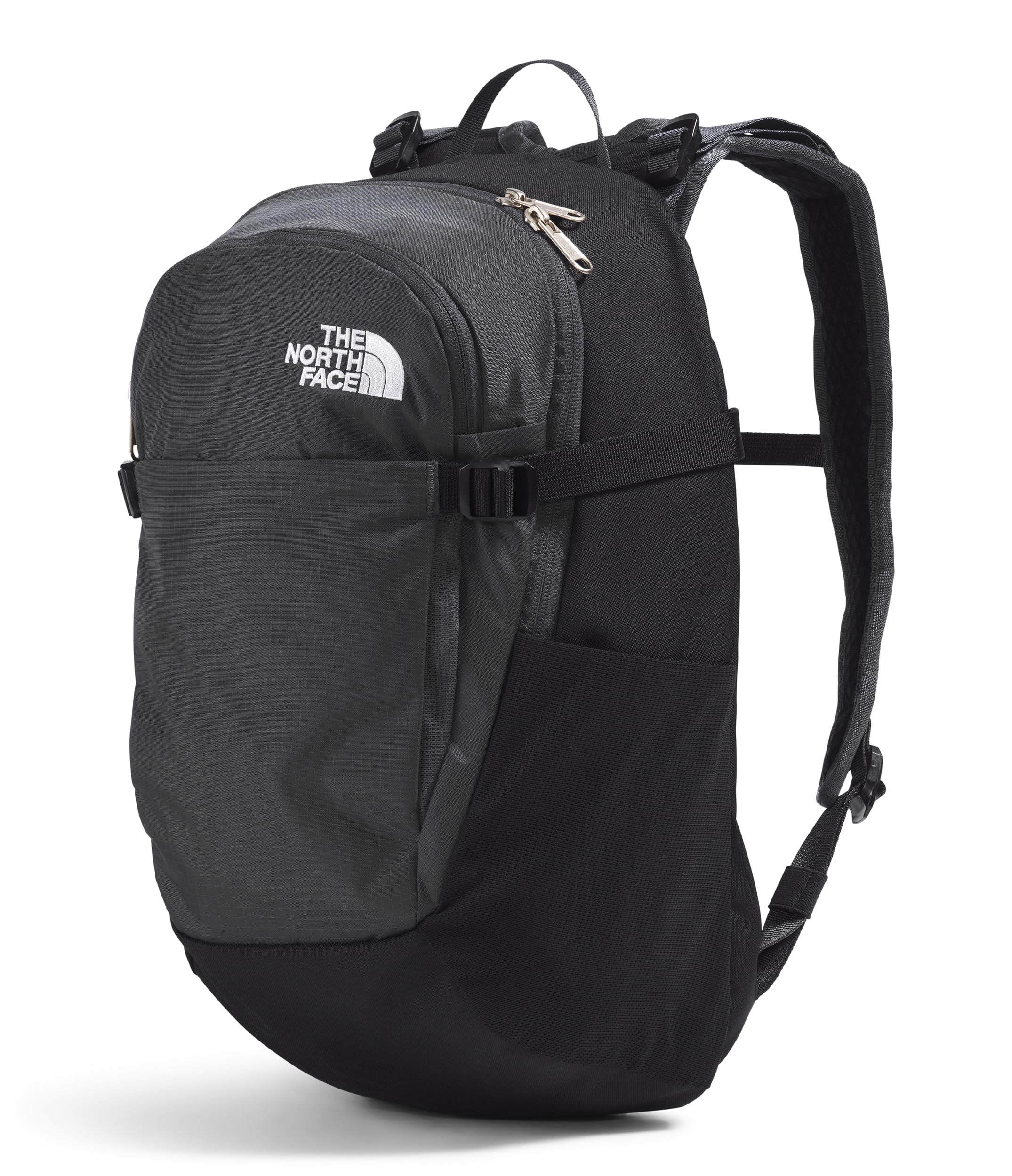 The North Face Basin 15L side-pole-attachment highlights trekking pole compatibility for quick on-trail setup.