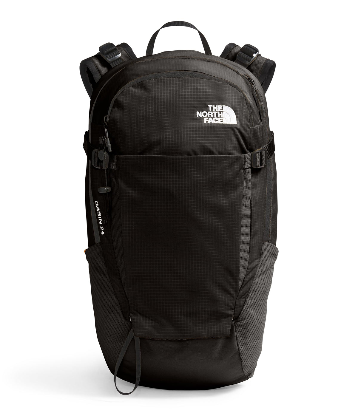 The North Face Basin 24L daypack front view for day hikes with accessible storage.