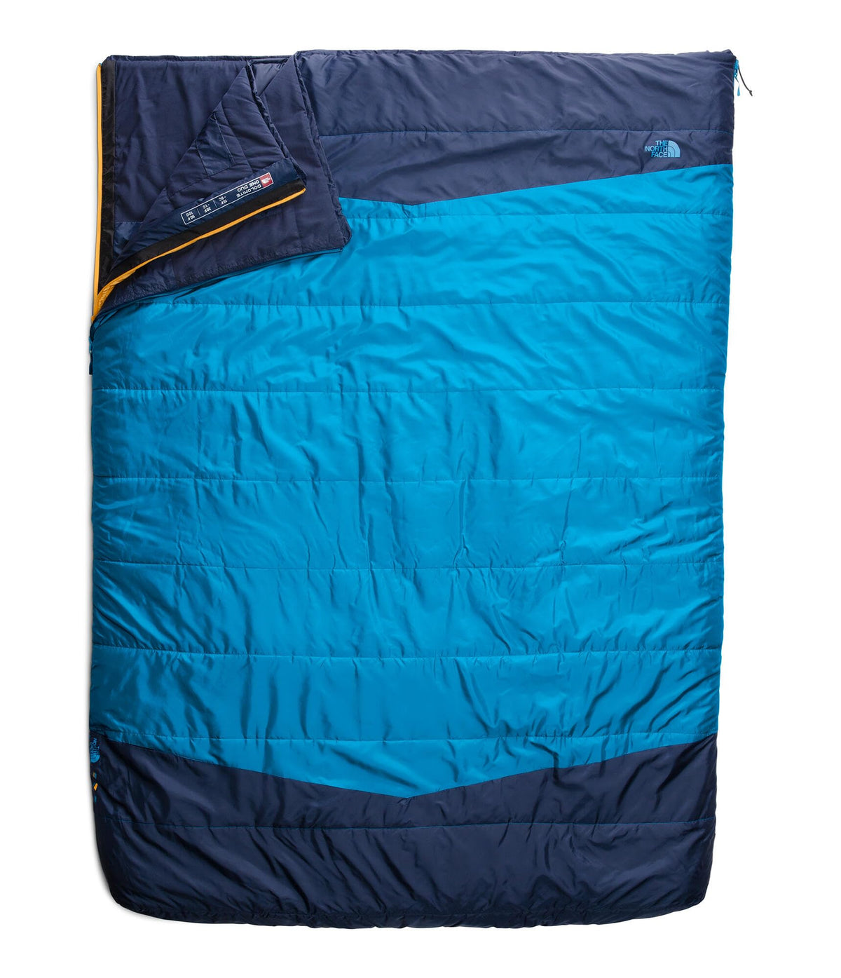 The North Face Dolomite 2P sleeping bag in regular size, open to show two-person rectangular layout.