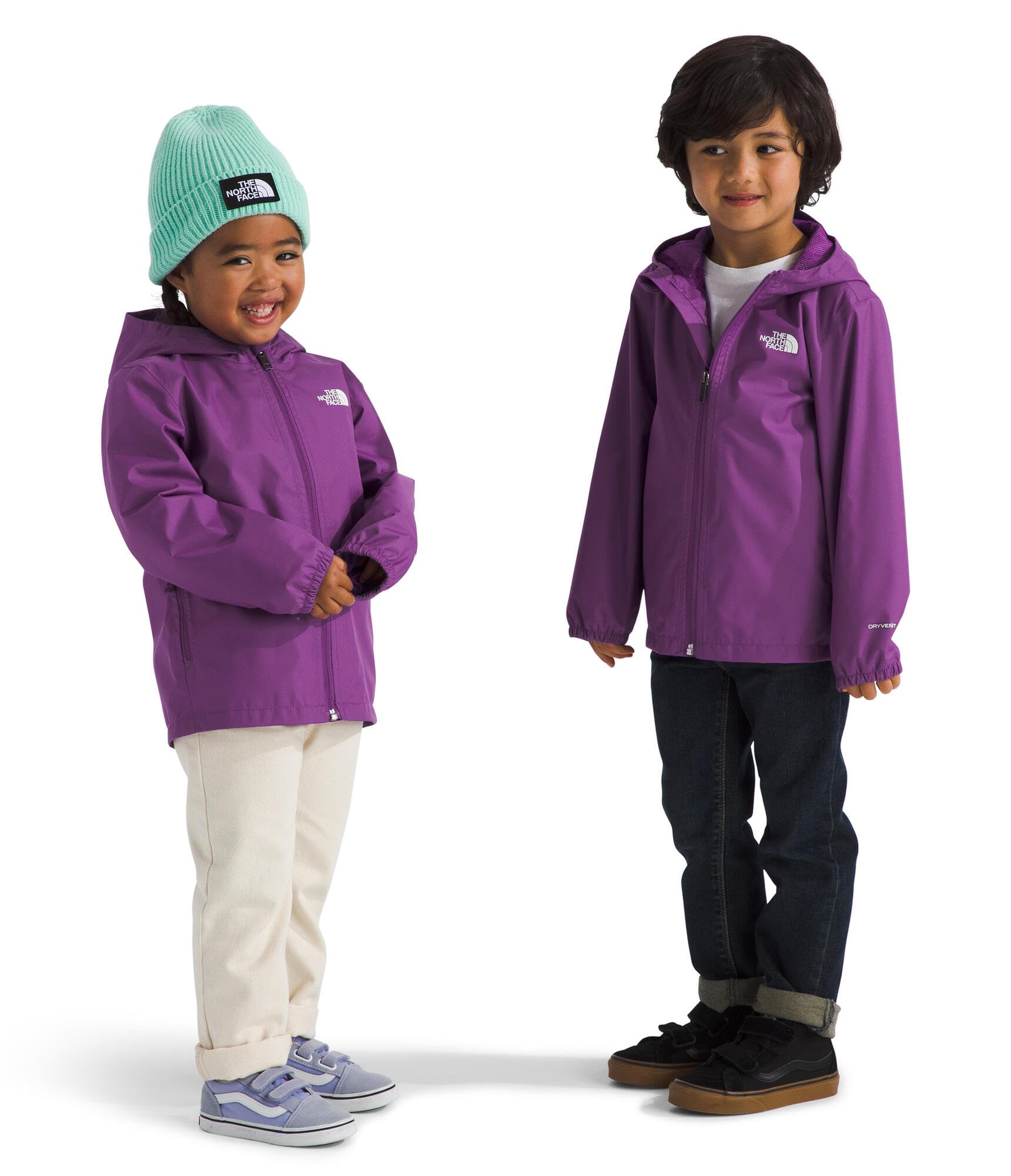 The North Face Kids' Zipline Rain Jacket front view showing overall fit and color in grape