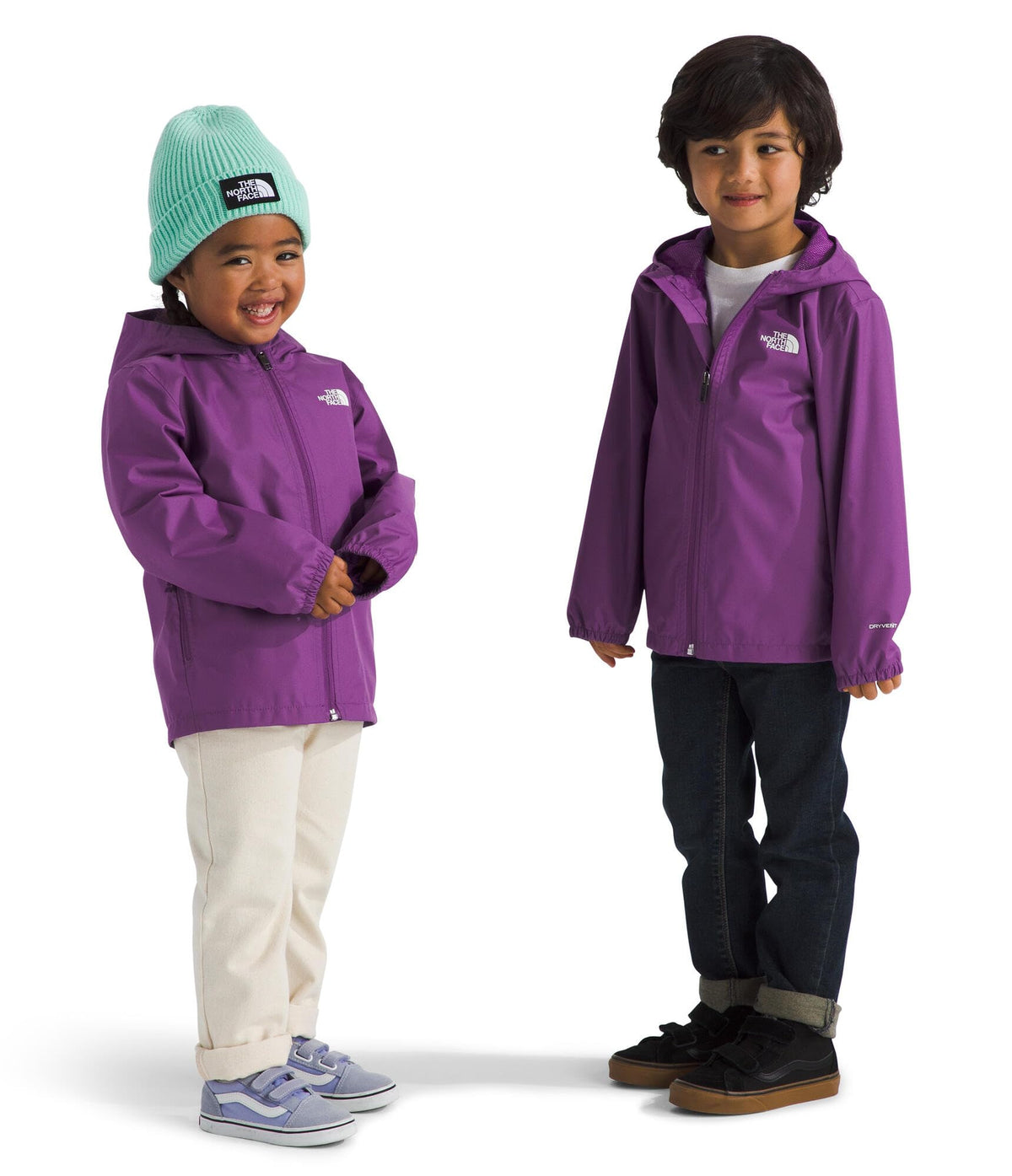 The North Face Kids' Zipline Rain Jacket front view showing overall fit and color in grape