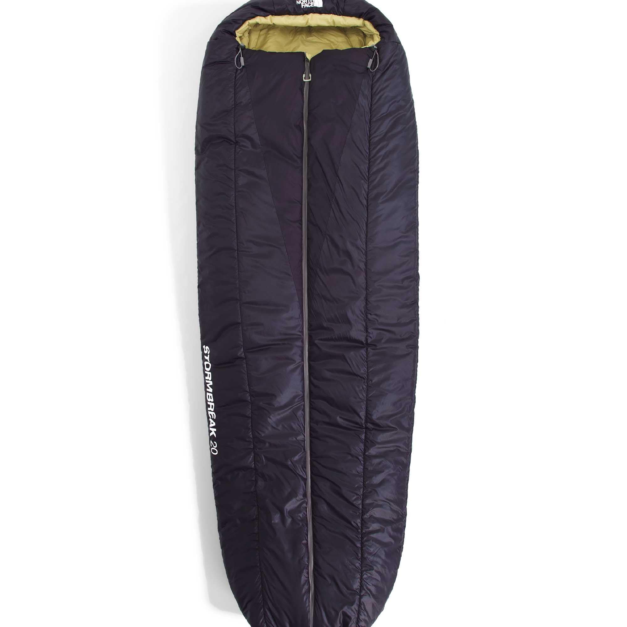 The North Face Stormbreak 20F sleeping bag exterior with water-repellent shell for damp nights.