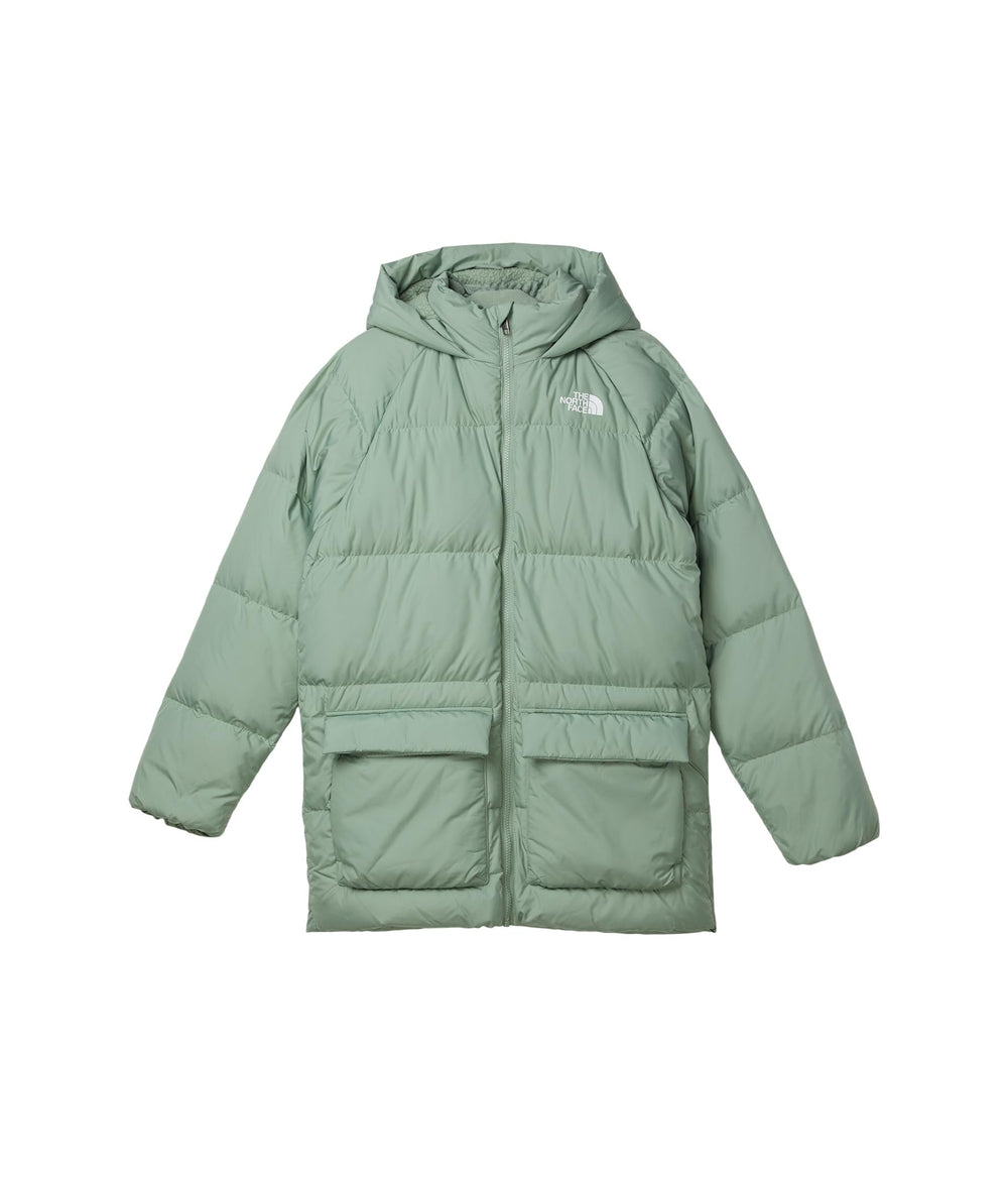 The North Face Teen North Down parka front view—warm insulation for cold-weather mobility.