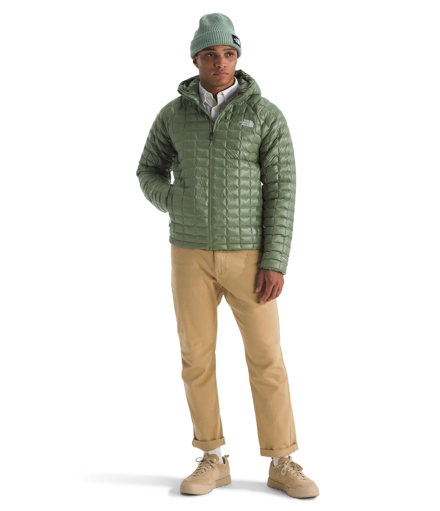 The North Face Thermoball Hooded Jacket adjustable hood shows customizable warmth.