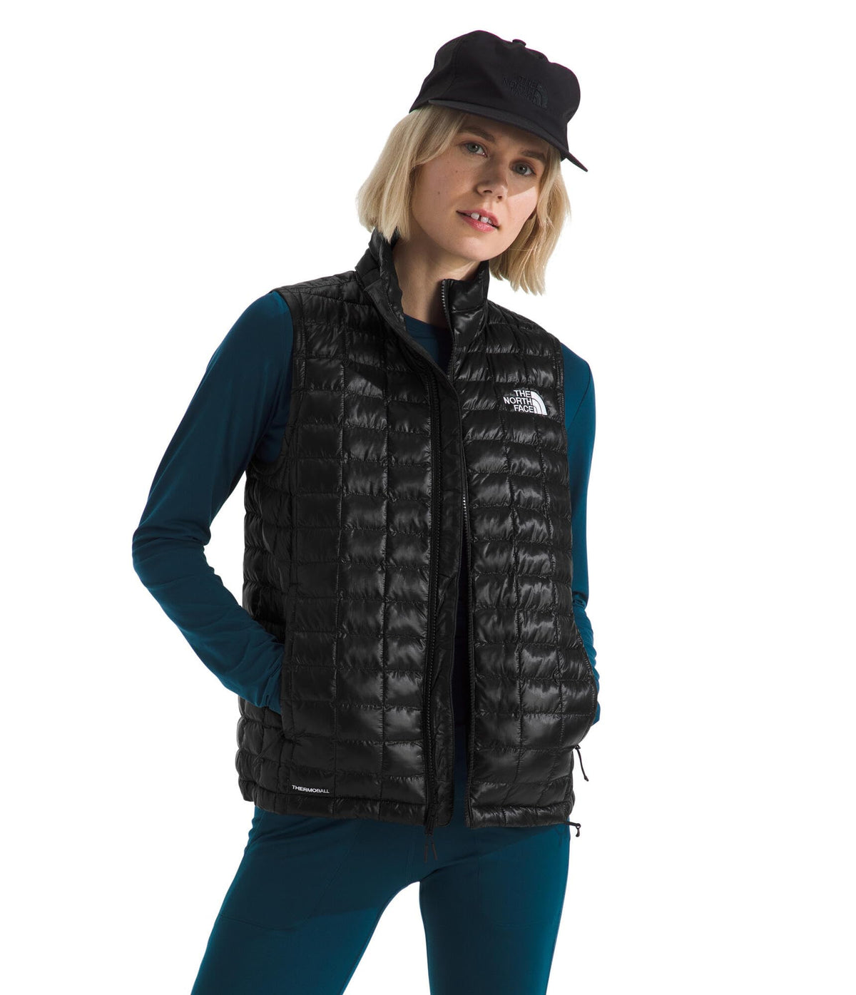 The North Face ThermoBall Vest front view shows lightweight warmth for city and trail