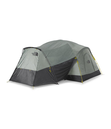 The North Face Wawona 8 exterior in agave green offers a spacious family camping shelter.
