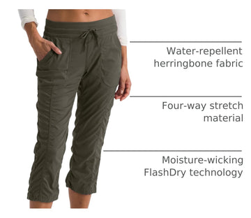 The North Face Aphrodite 2.0 Capri leg opening detail highlights adjustable drawcords for coverage.