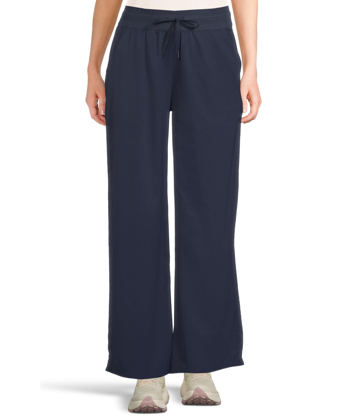 The North Face Aphrodite Arise wide-leg pant Summit Navy on model showing relaxed drape.