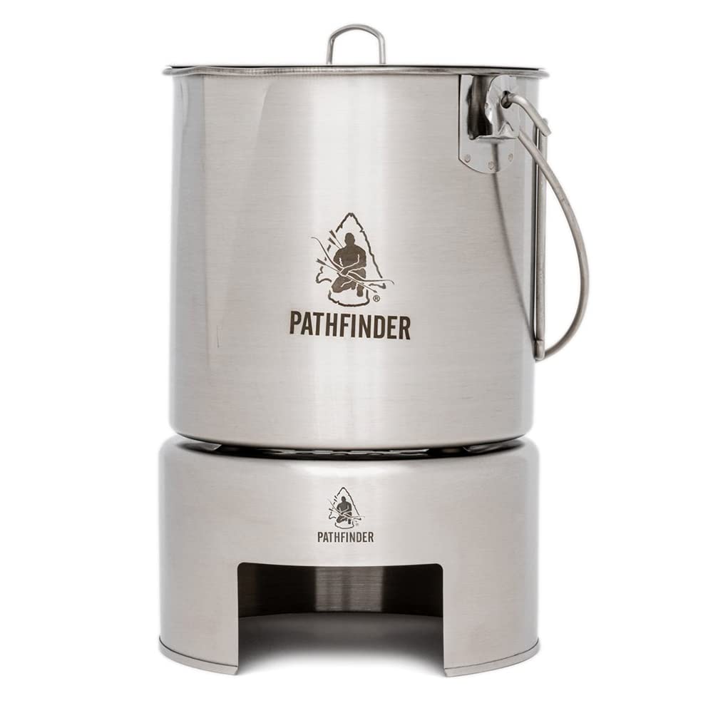 The Pathfinder School bush pot assembly demonstrates camping versatility with lid included.
