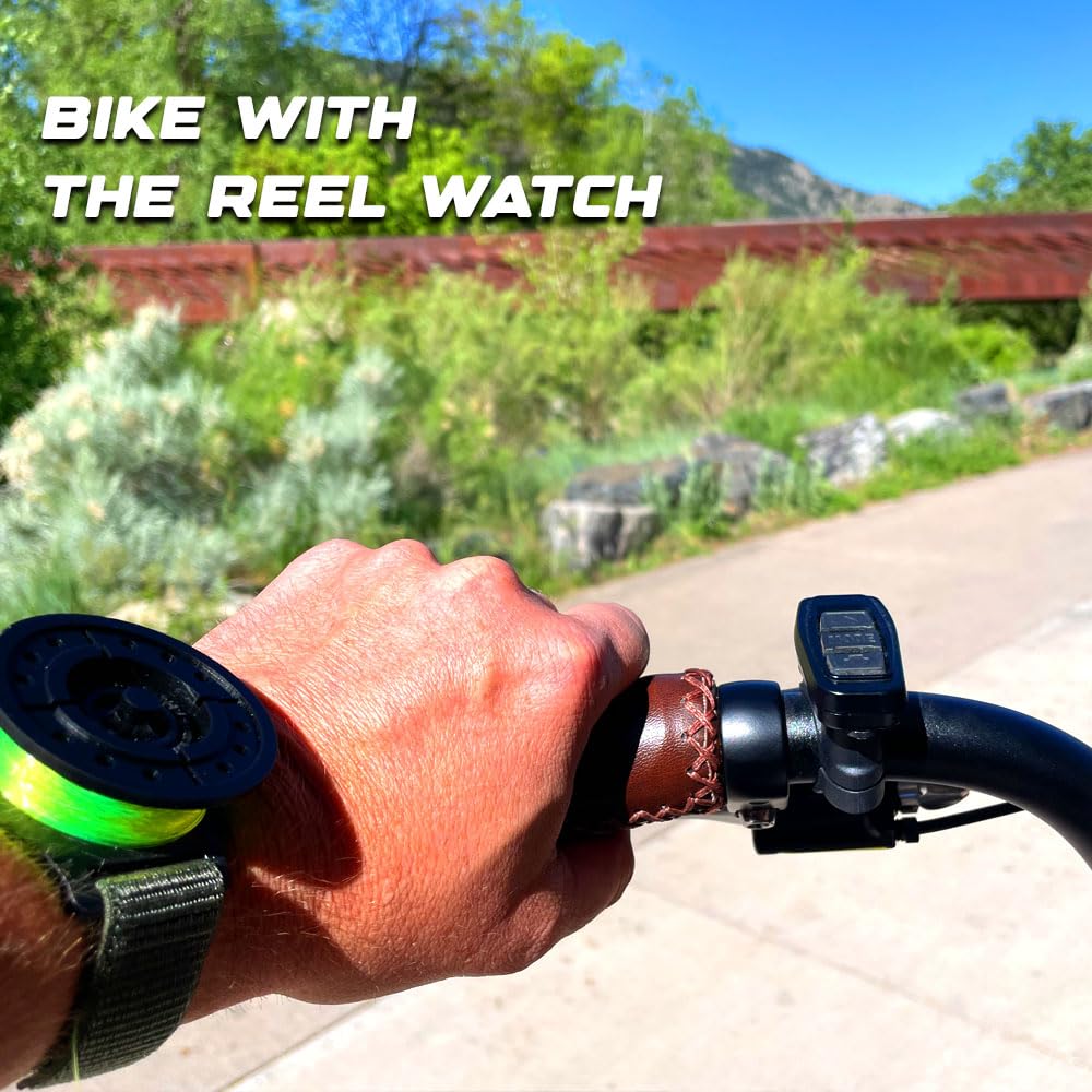 The Reel Watch worn during hiking for hands-free access to fishing gear.