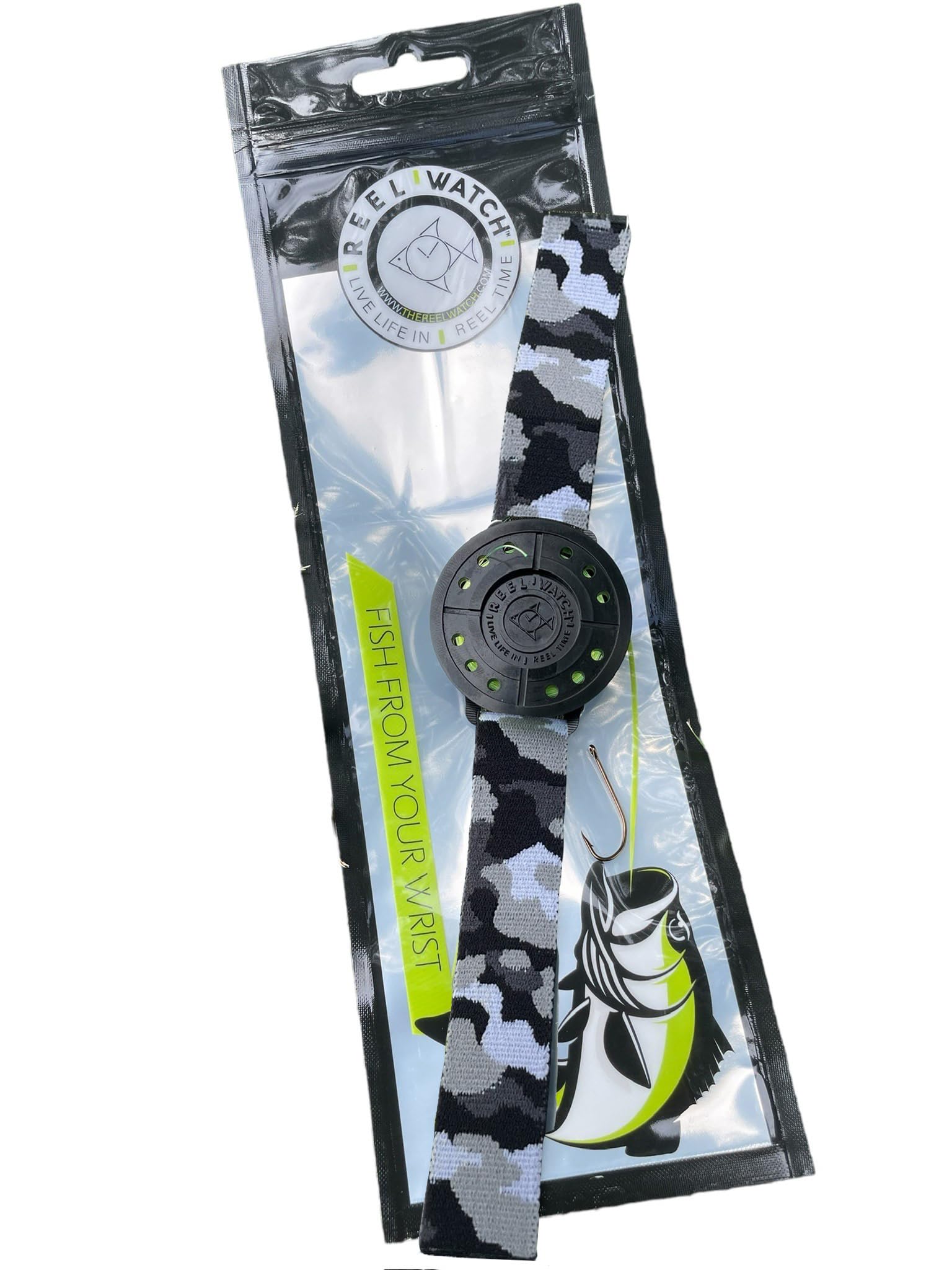 The Reel Watch wrist-worn fishing device, compact by design, ideal for on-the-go angling.