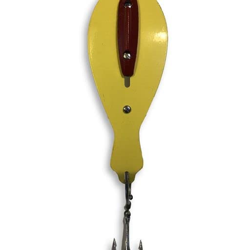 The Reliable Spoon 8" Bunker Spoon Banana Yellow gliding lure for striped bass trolling.