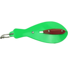 The Reliable Spoon 8-inch Bunker Spoon lime green demonstrates adjustable keel weight for depth tuning.