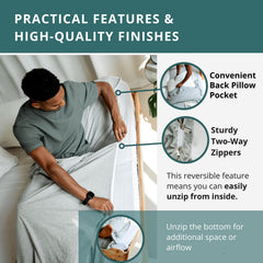 The Snug Cove full-zip sleeping liner showing secure, easy on/off for hotel stays.