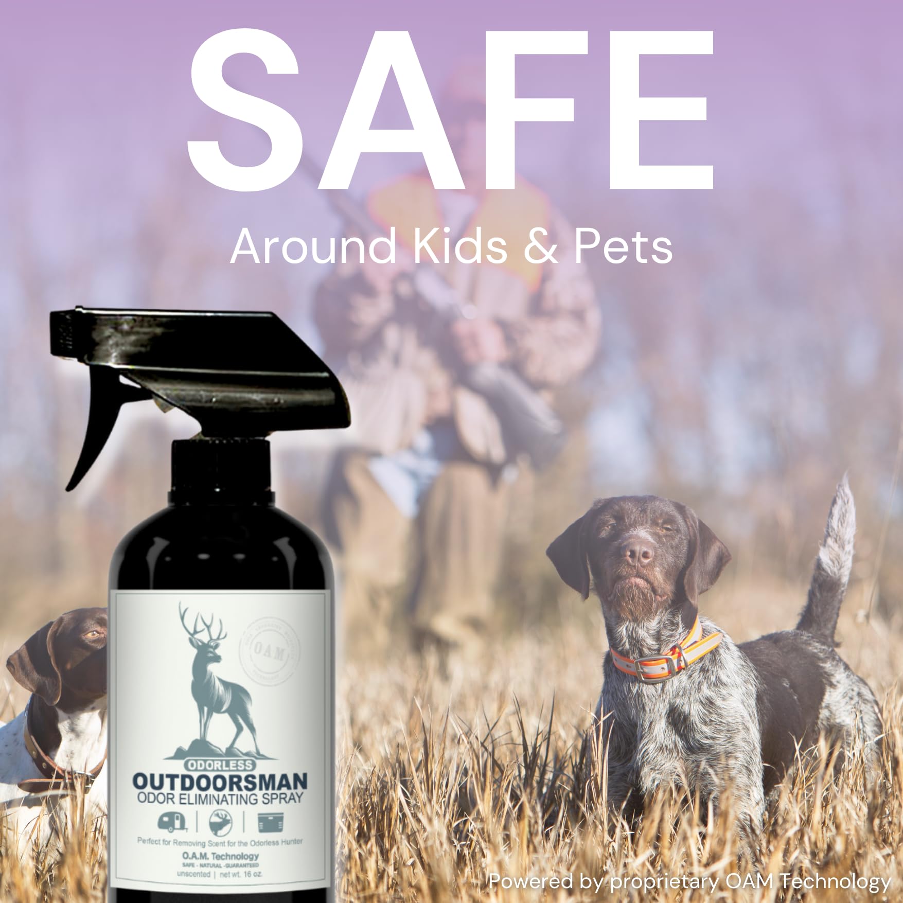 Pet-safe odor control with Odorless Outdoorsman for hunting dogs.