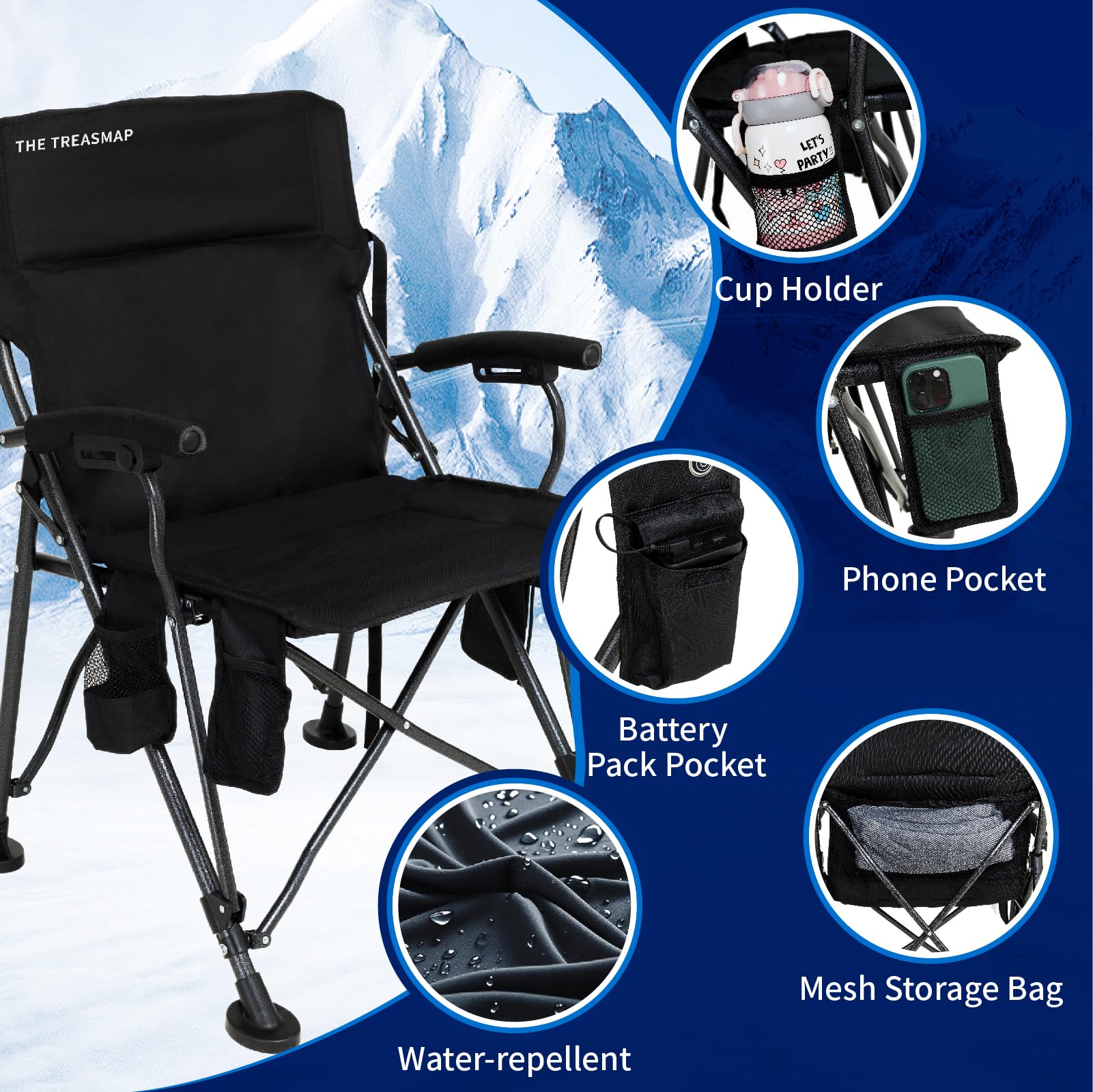 The Treasmap chair shows dual heating zones for adjustable warmth.