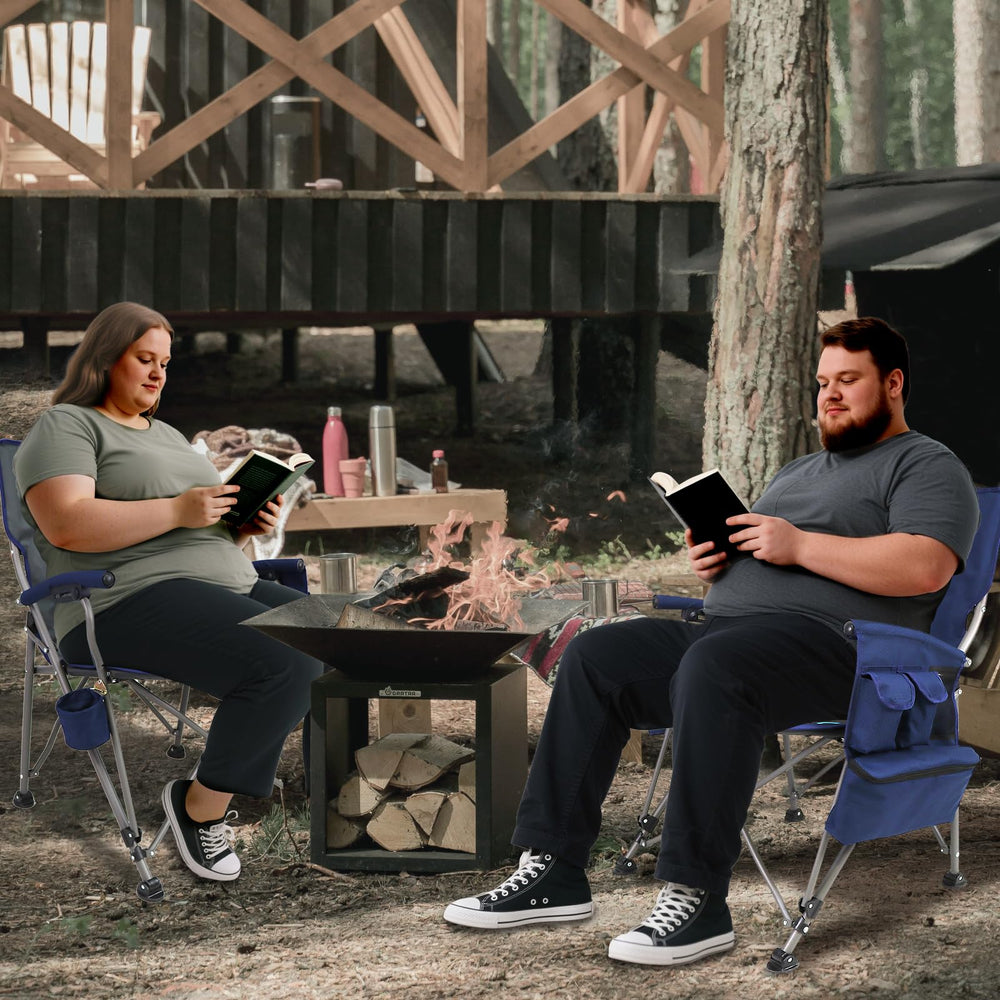 The Treasmap heated camping chair blue side view highlights sturdy 22mm steel pipes for stability.