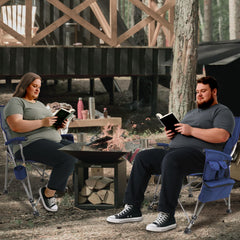The Treasmap heated camping chair blue side view highlights sturdy 22mm steel pipes for stability.