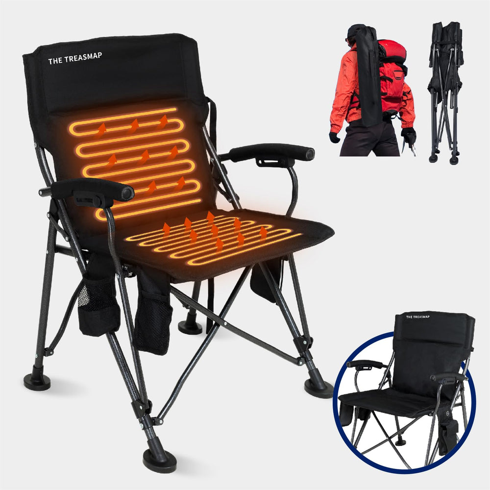 The Treasmap heated camping chair folded for easy transport.