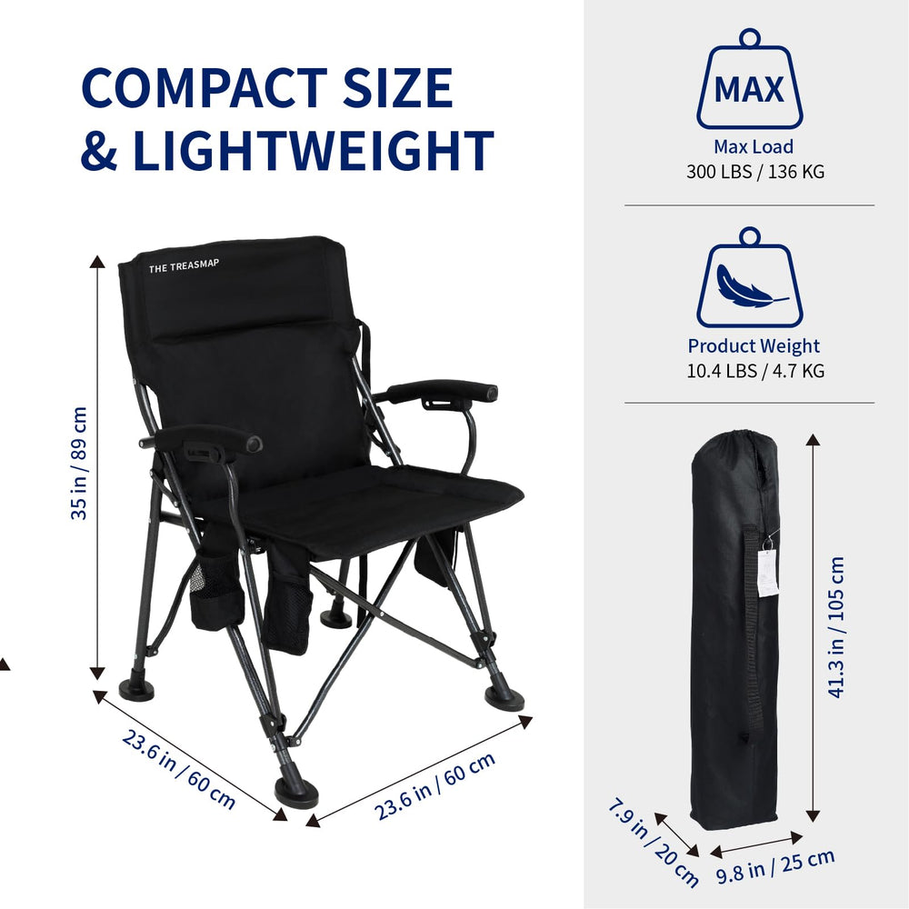 The Treasmap heated camping chair in use with cup holder outdoors.