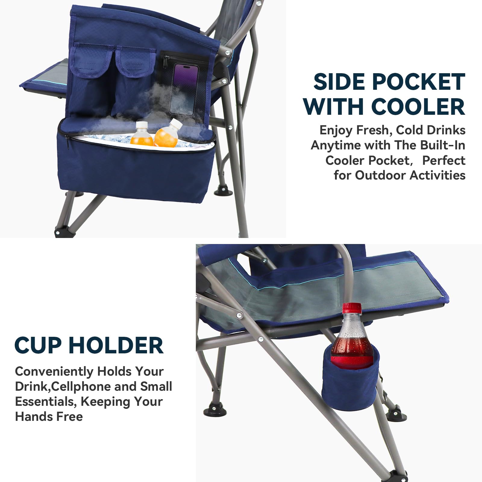 The Treasmap oversized chair with cup holder highlights convenient beverage access during camping.