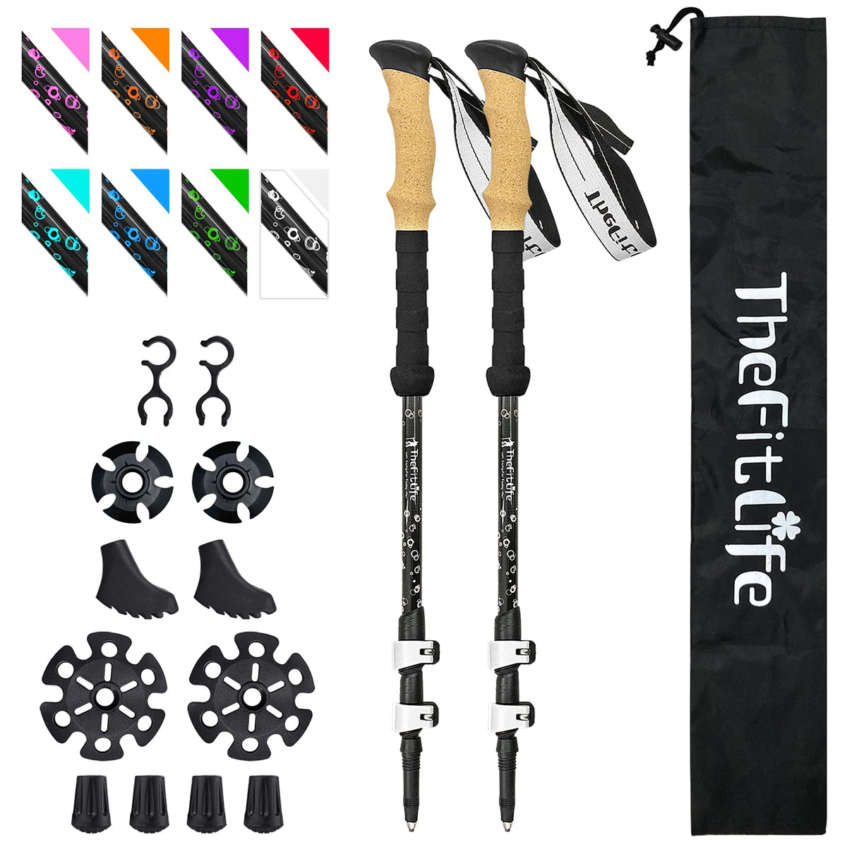 TheFitLife carbon fiber trekking poles with collapsible design for compact carry on trails.