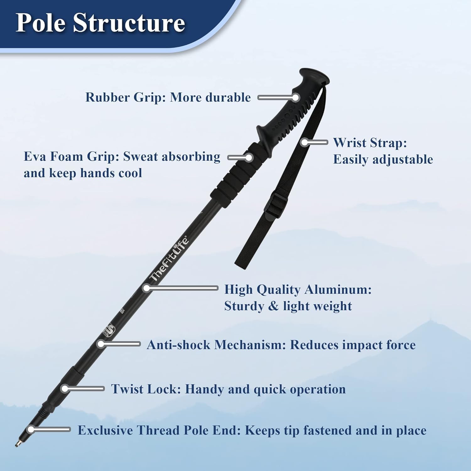 TheFitLife Nordic walking poles extended to 130 cm for tall hikers on trails.