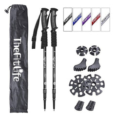 TheFitLife Nordic walking poles folded for compact travel storage and easy packing.