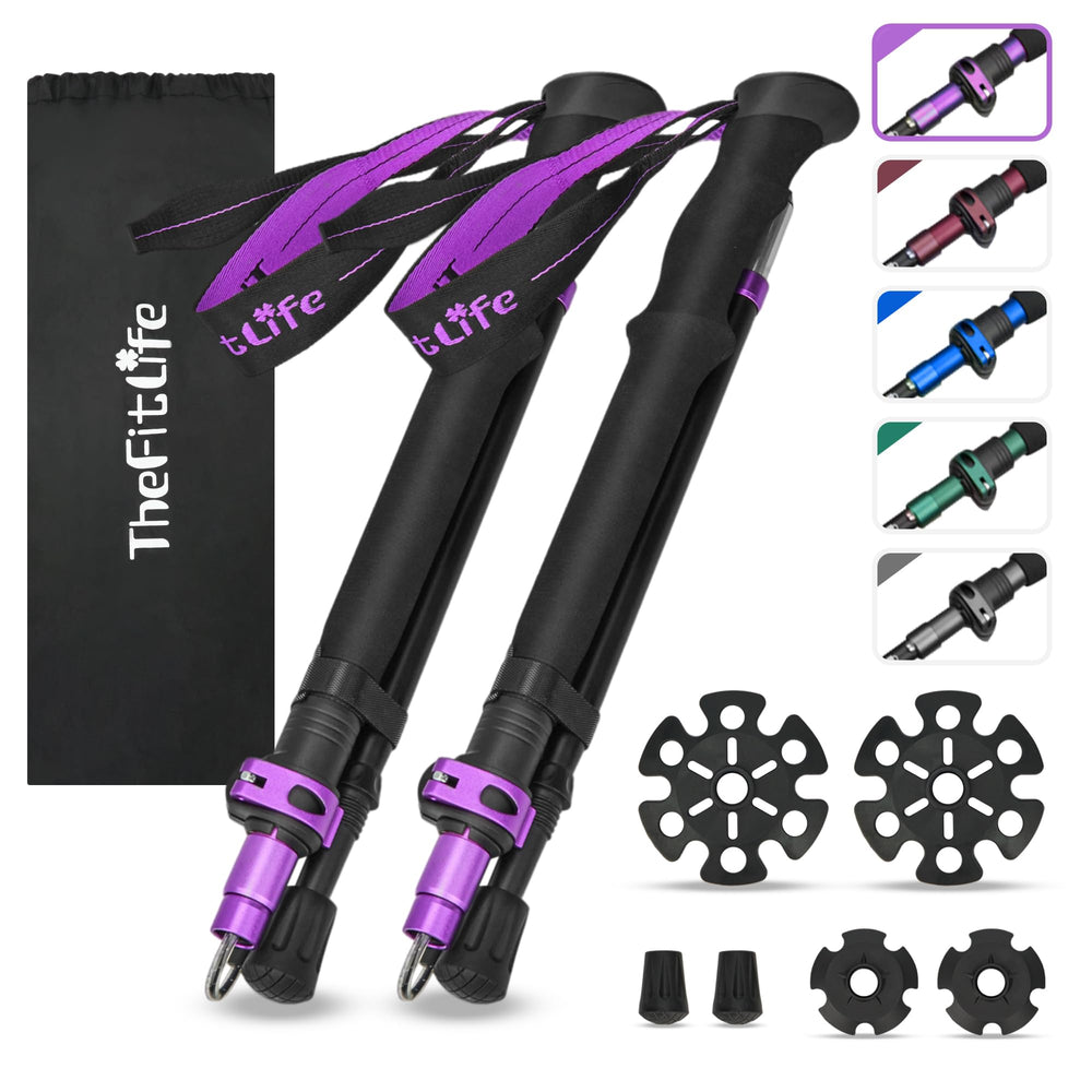 TheFitLife trekking-poles folded compact in backpack for easy travel and storage.