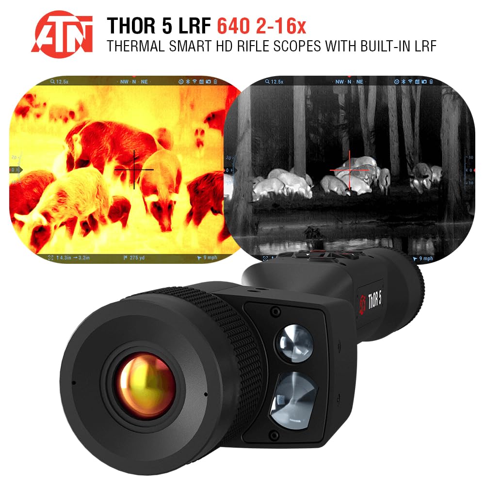 theOpticGuru ATN Thor 5 LRF side panel illustrates built-in rangefinder for precise distance reads.
