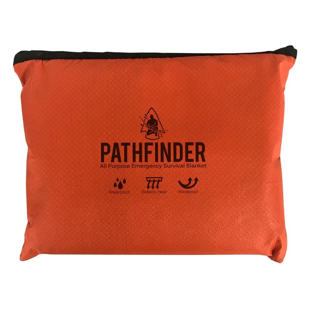 The Pathfinder School survival blanket orange nylon side used as ground tarp or shelter.
